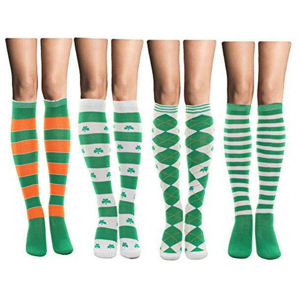 Girls Ladies Over Knee High Socks St Patricks Football Clover Shamrock Irish